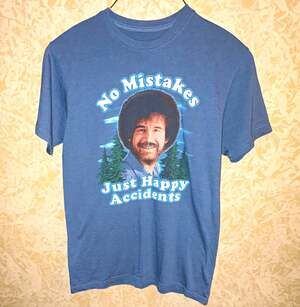 Bob Ross No Mistakes Just Happy Accidents Blue Graphic T-Shirt Mens M